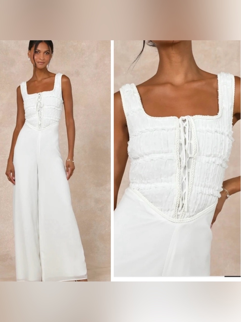 NWT Lulus Majorly Iconic White Swiss Dot Ruffled Lace-Up Jumpsuit Size Small